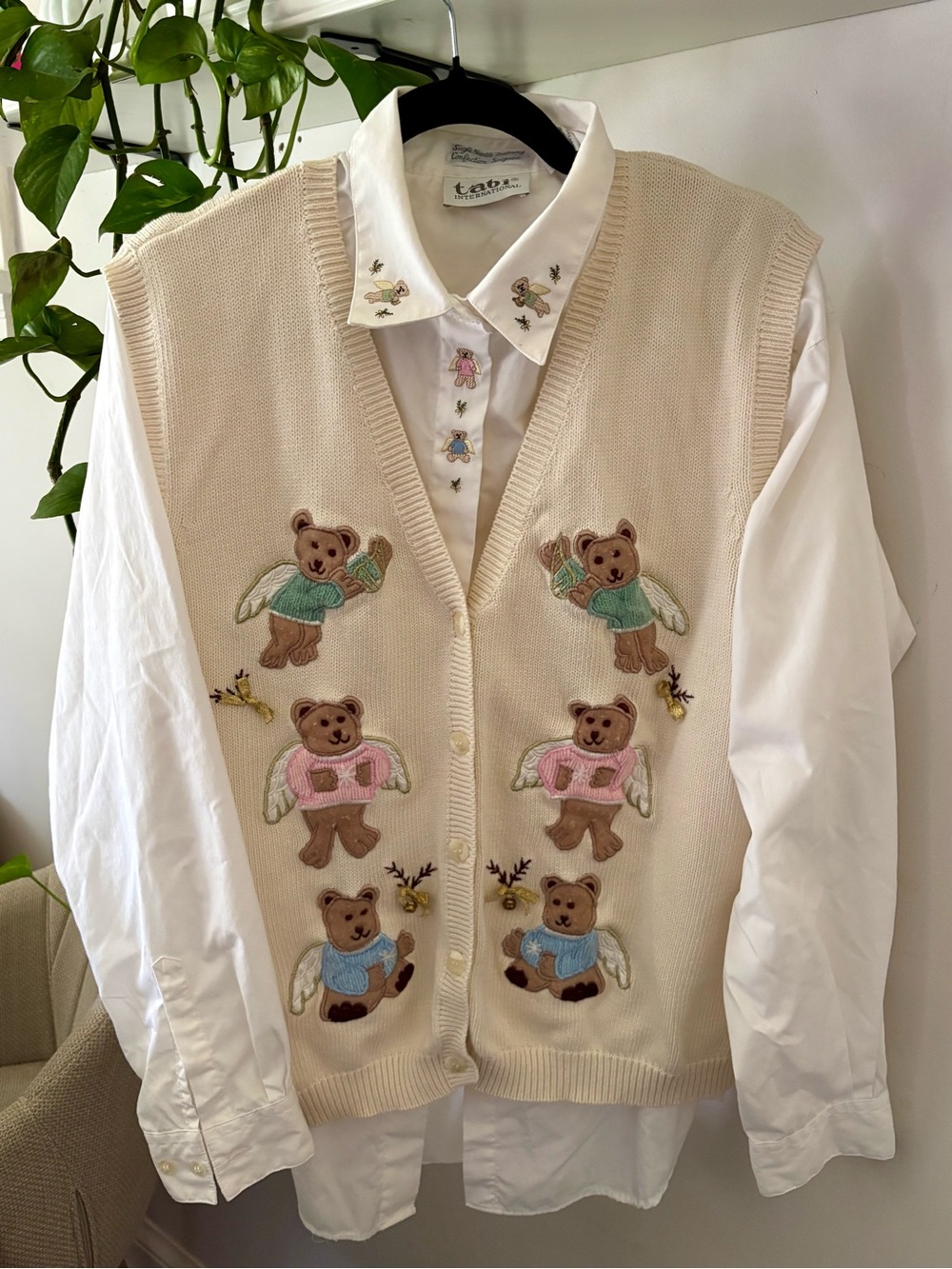 Cream Embroidered Bear Sweater Vest